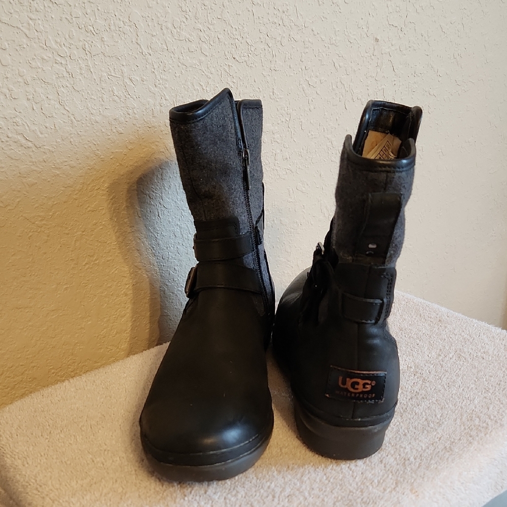 UGG Women's Black & Gray Mid-Calf Leather and Wool Boots